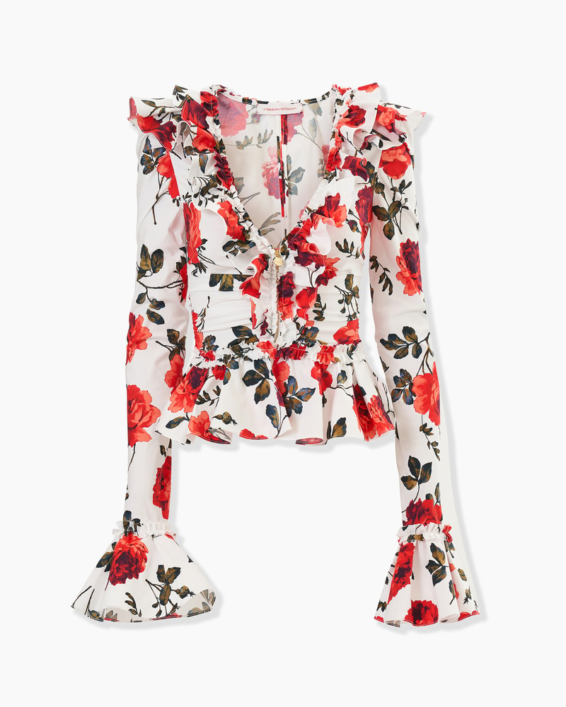 Rose-Print Ruched Ruffle Top
