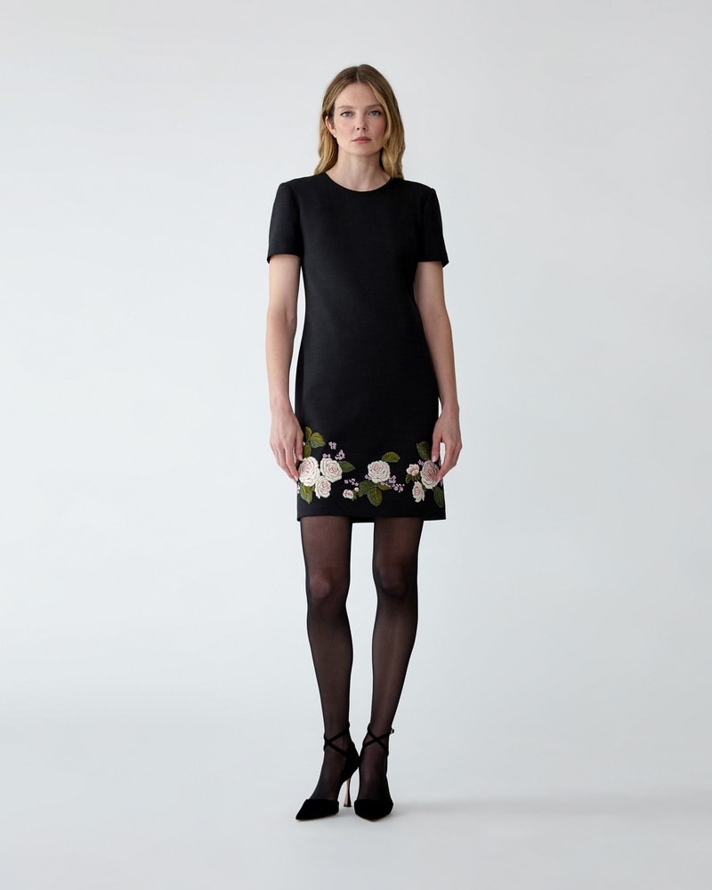 Rose-Embroidered Shift Dress