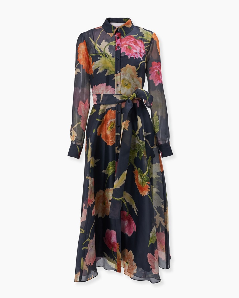 Poppy-Print Organza Trench Dress