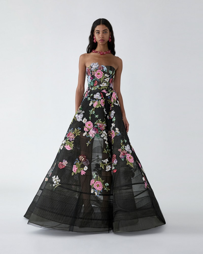 Stapless Ball Gown with Floral Embroidery