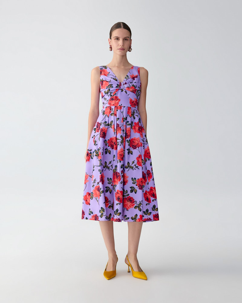 Rose-Print V-Neck Midi Dress