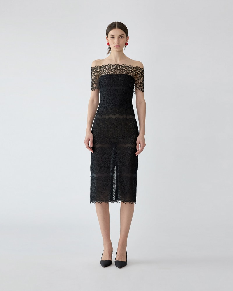Lace-Trimmed Tulle Off-Shoulder Dress