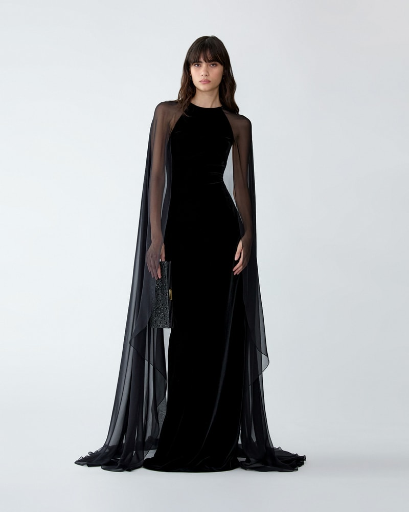 Stretch Velvet Column Gown with Cape