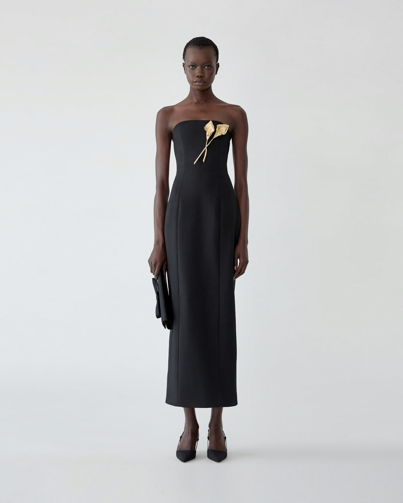 Strapless Dress With Calla Lily Brooch