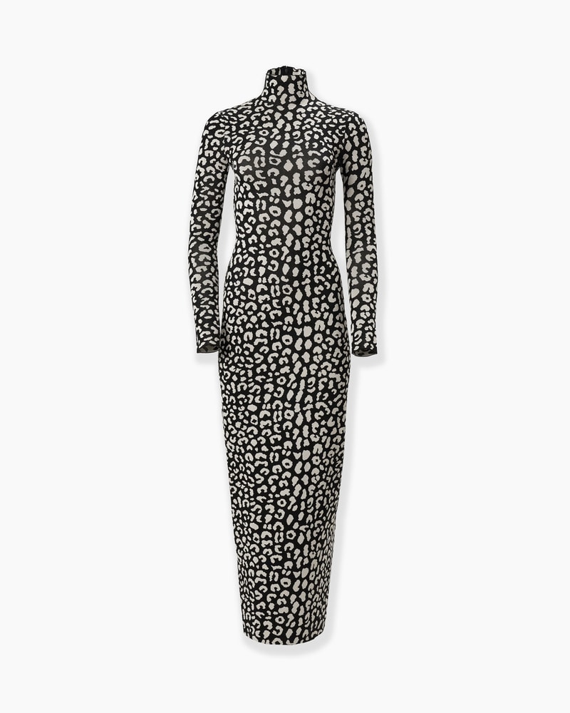Leopard-Patterned Jacquard Turtleneck Dress