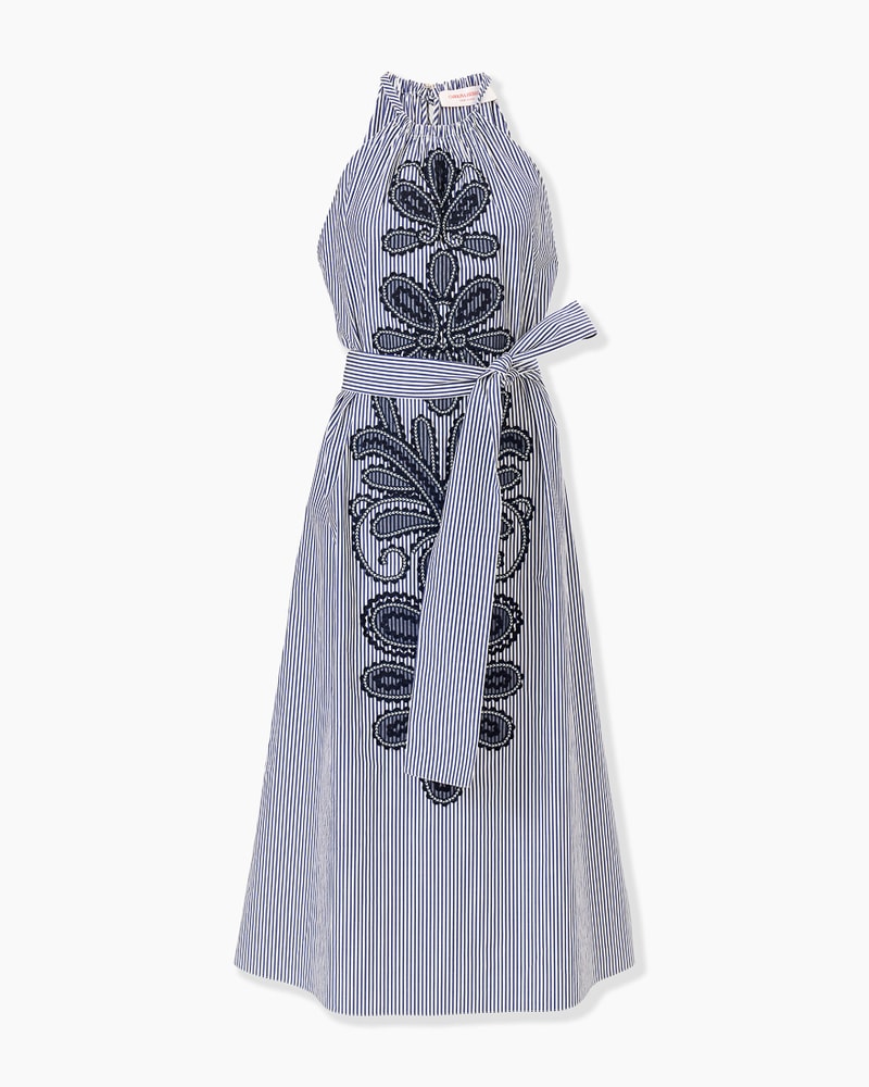 Embroidered Striped Halterneck Midi Dress