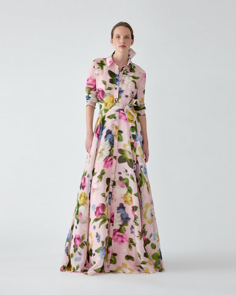 Floral-Print Trench Gown