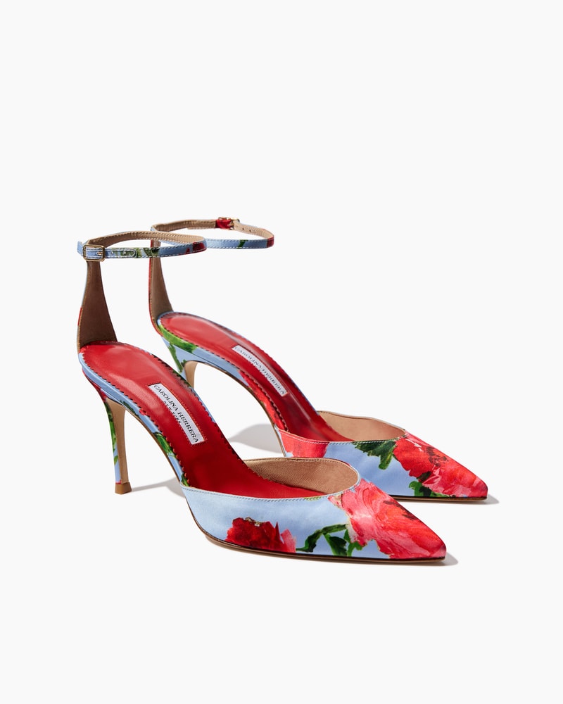 Rose-Print Satin Pumps