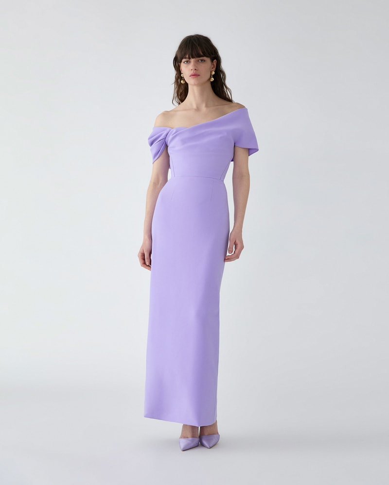 Draped Off-Shoulder Column Gown