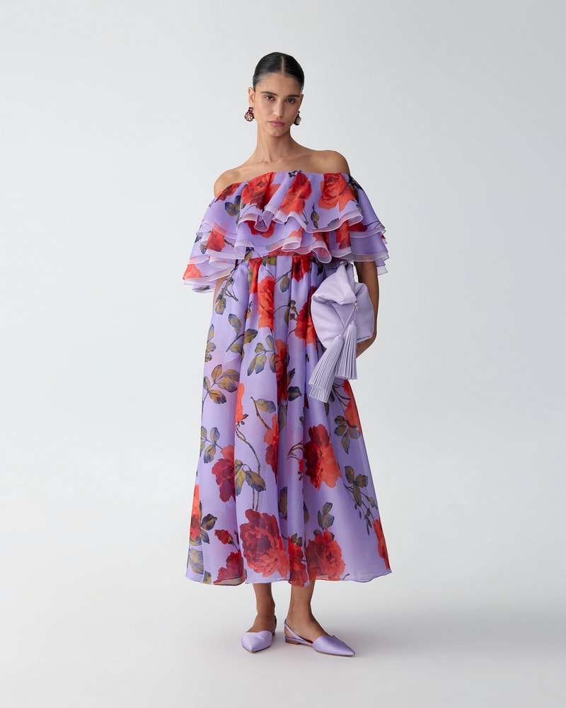 Rose-Print Organza Dress with Ruffles