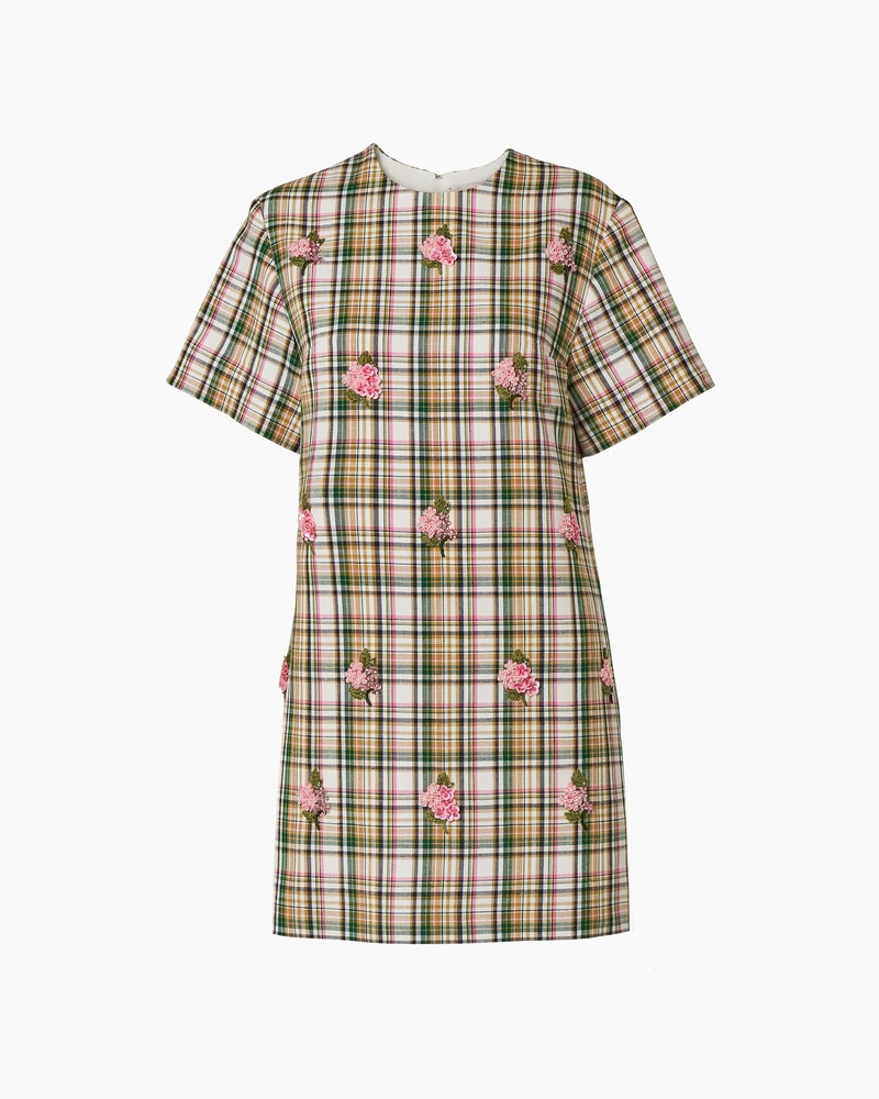 Floral-Embroidered Plaid Shift Dress