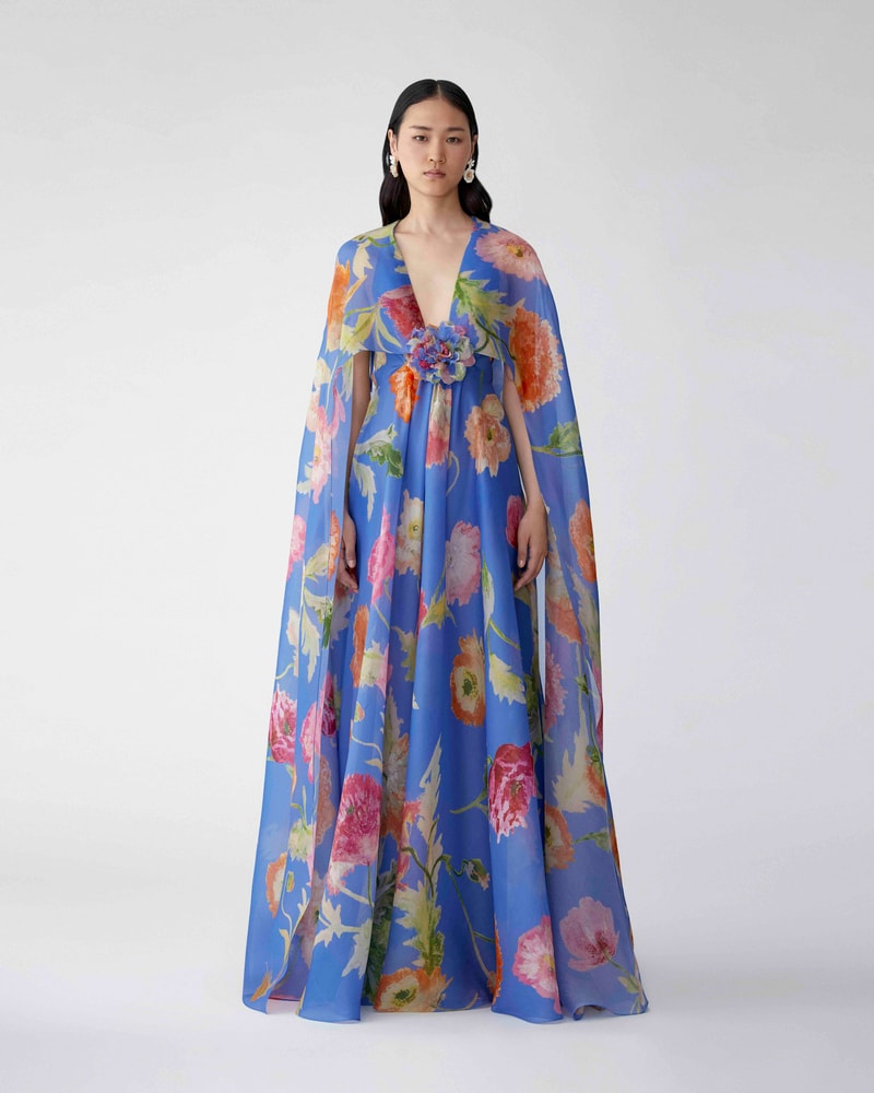 Poppy-Print Organza Gown with Cape