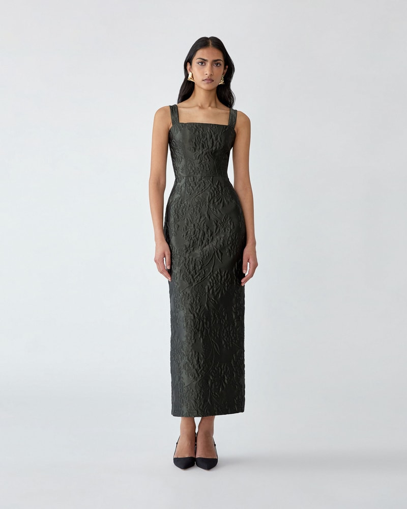 Floral Cloque Lurex Jacquard Column Dress