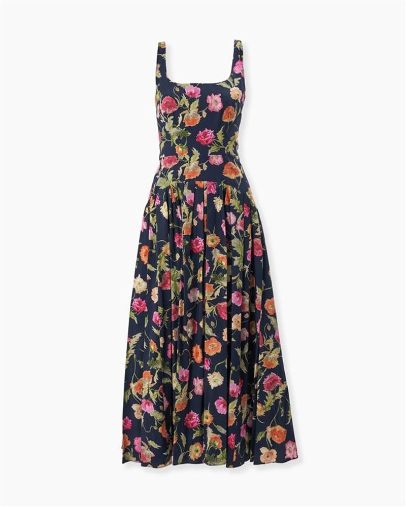 Poppy-Print Drop Waist Midi Dress