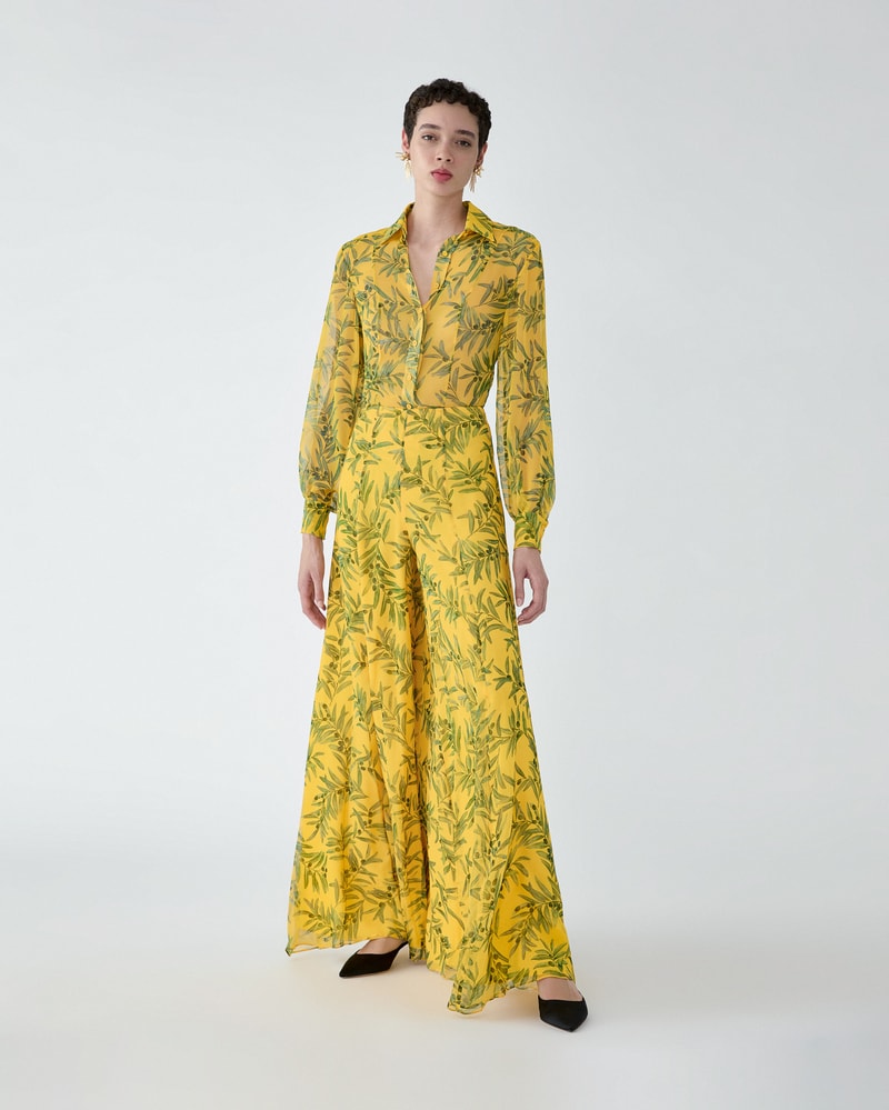Olive Branch-Print Extra-Wide Leg Iris Pants