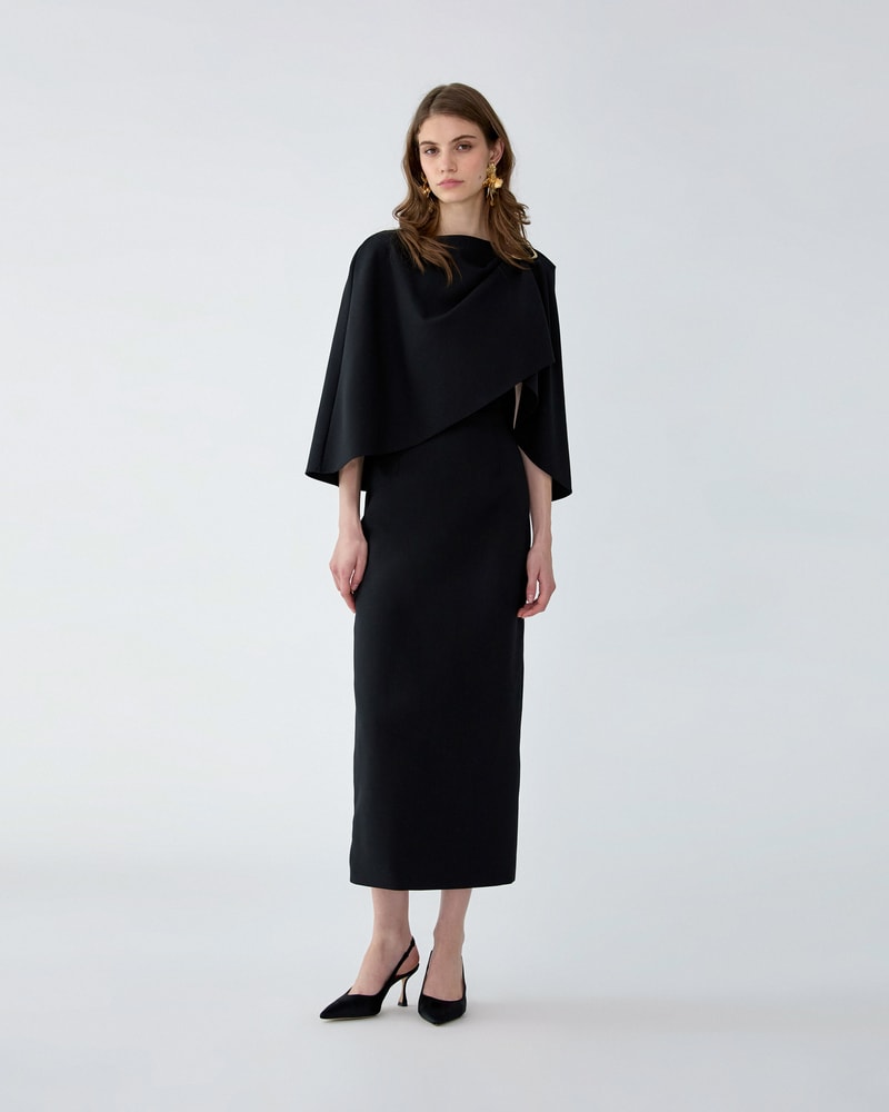 Cape-Sleeve Wool Midi Dress