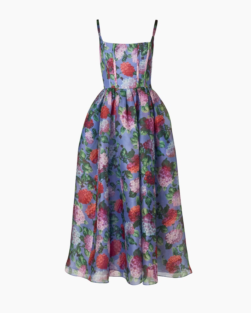 Hydrangea-Print Organza Midi Dress