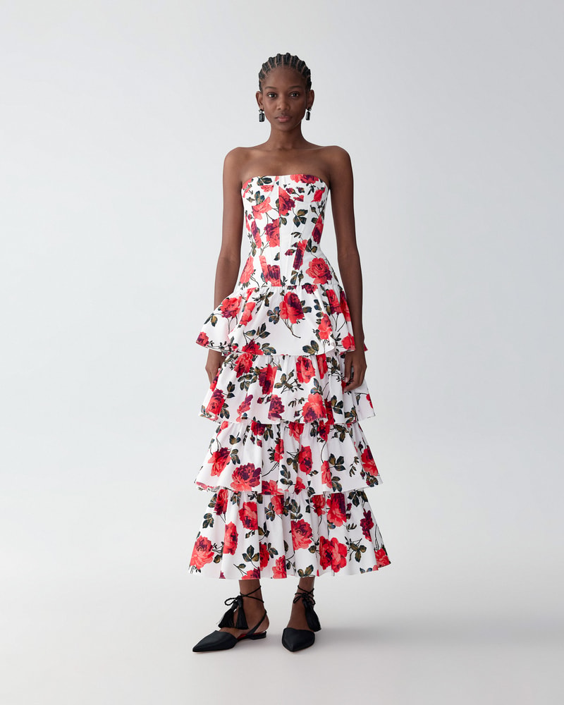 Rose-Print Tiered Midi Dress