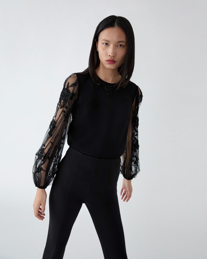 Embroidered Puff-Sleeve Top