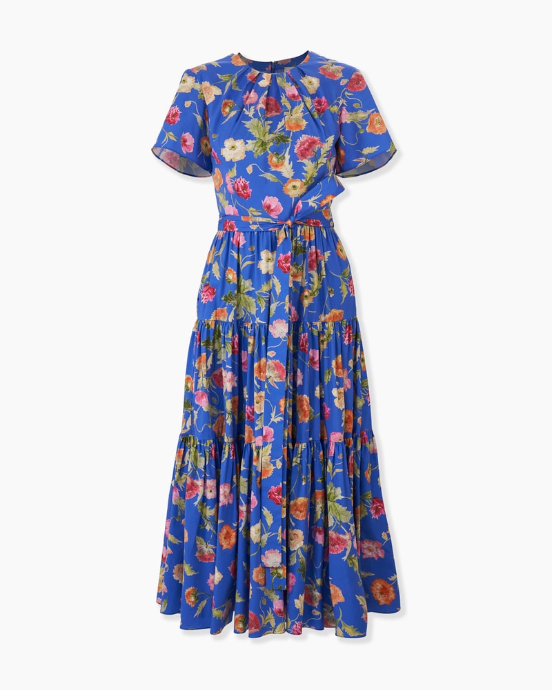 Poppy-Print Tiered Midi Dress with Sash
