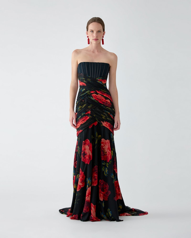 Rose-Print Chiffon Bustier Gown