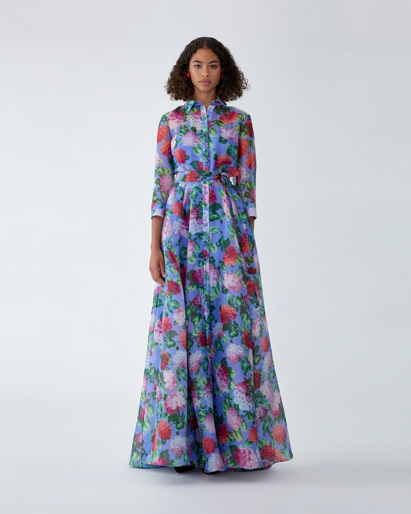 Hydrangea-Print Organza Trench Gown