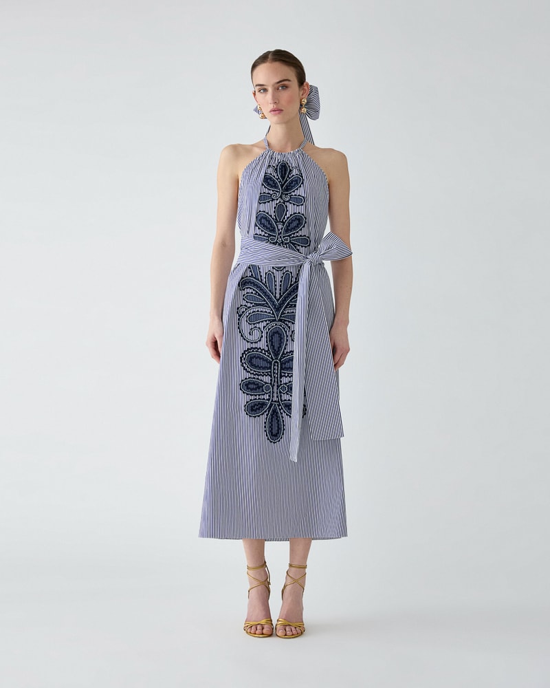 Embroidered Striped Halterneck Midi Dress