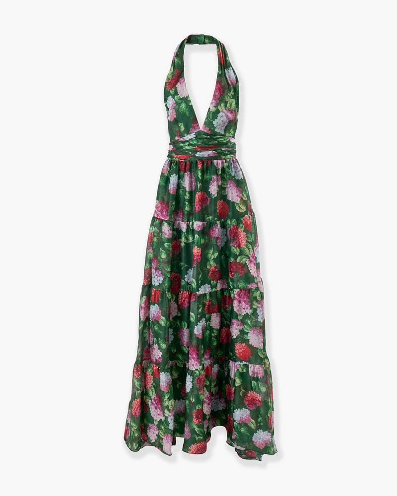 Hydrangea-Print Organza Halterneck Gown
