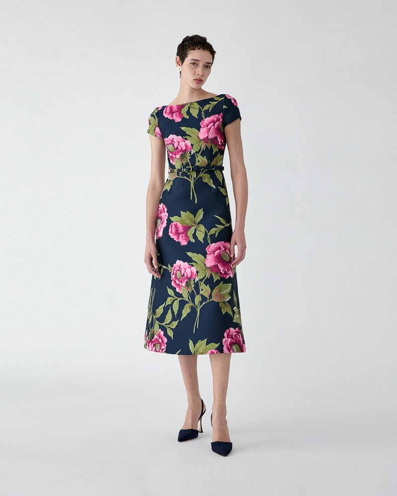 Peony Jacquard Belted Midi Dress