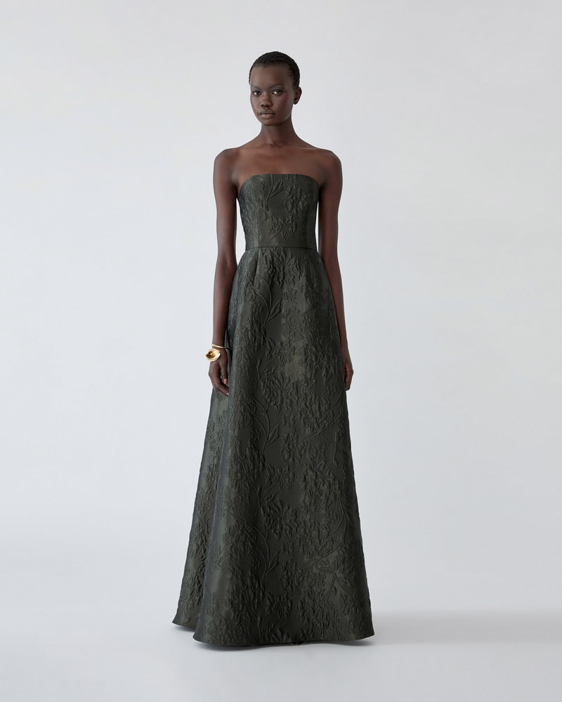 Floral Cloque Lurex Jacquard Strapless Gown