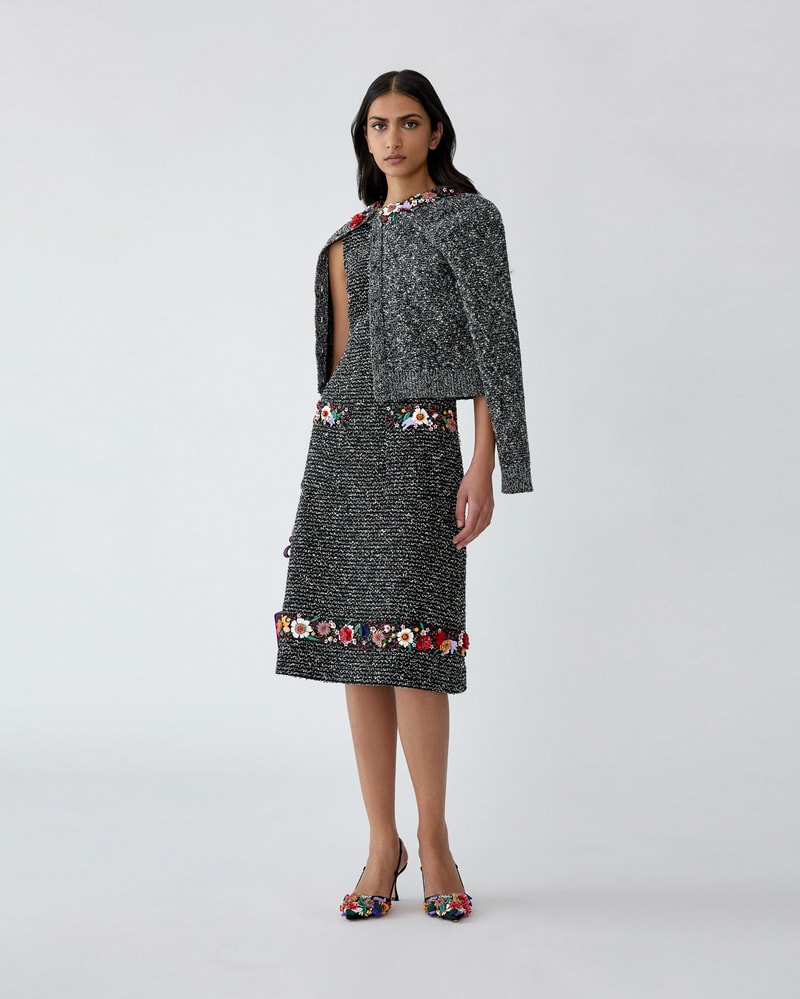 Floral-Embroidered Bouclé Cardigan