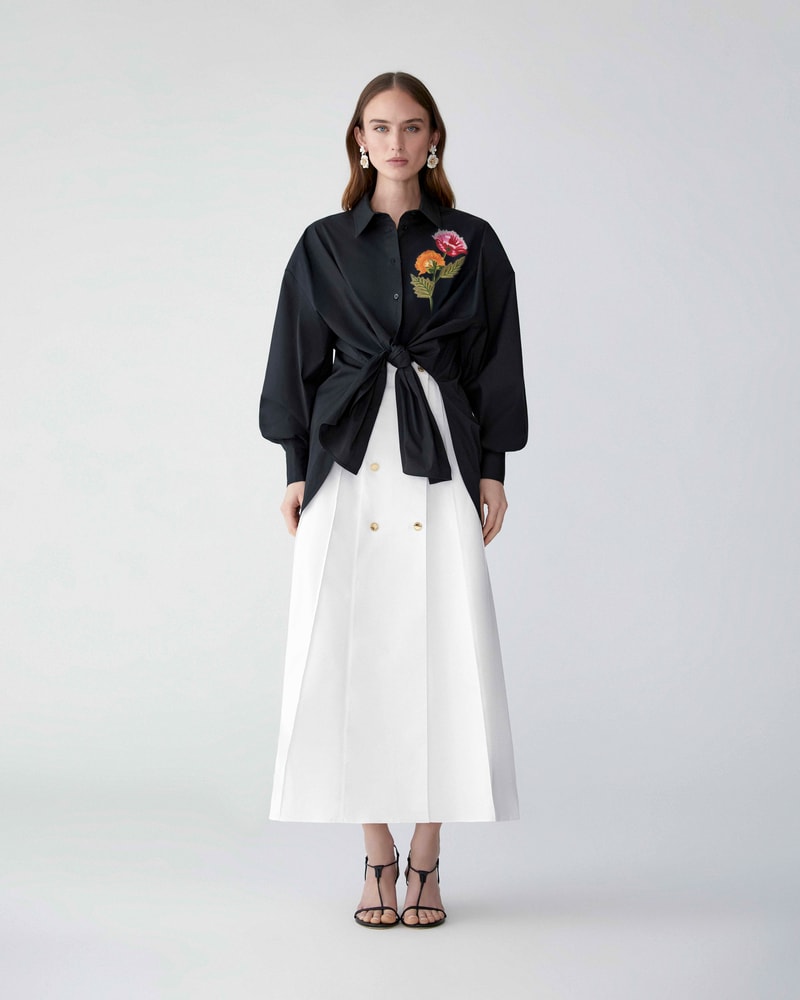 Floral-Embroidered Oversized Tie-Front Shirt