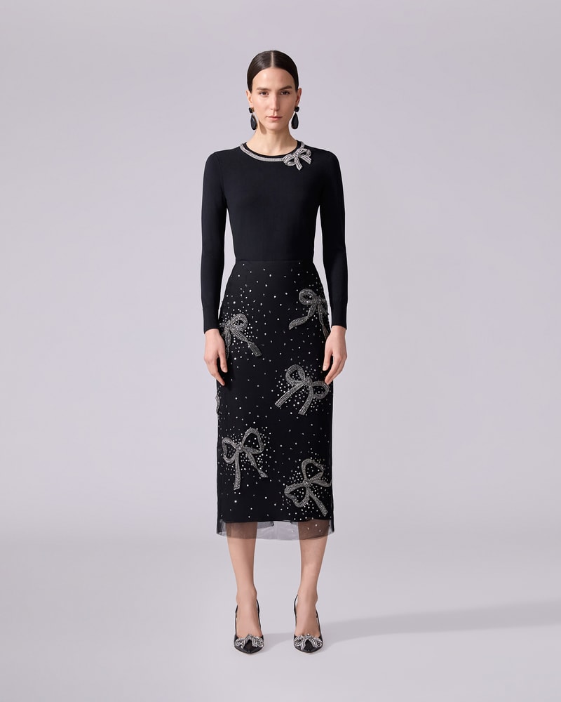 Bow-Embroidered Pencil Skirt