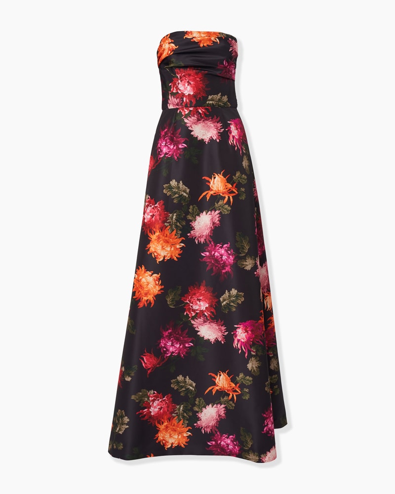 Chrysanthemum-Print Strapless Gown
