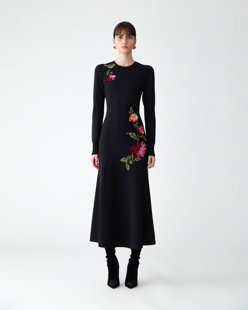 Chrysanthemum-Embroidered Midi Knit Dress