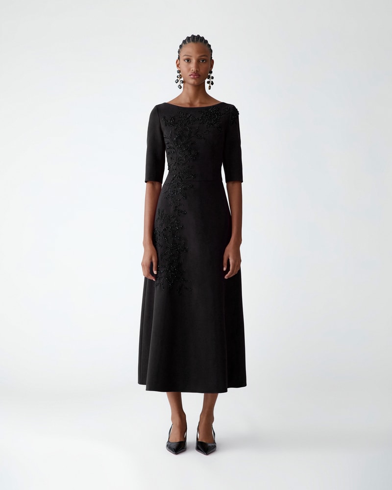 Embroidered Boat-Neck Midi Dress