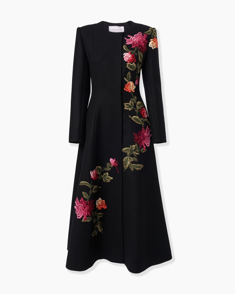 Chrysanthemum-Embroidered A-Line Coat