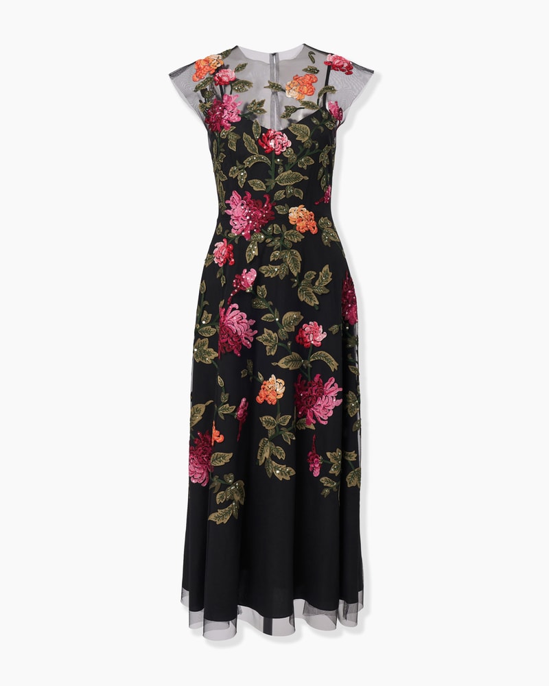 Floral-Embroidered Tulle Midi Dress