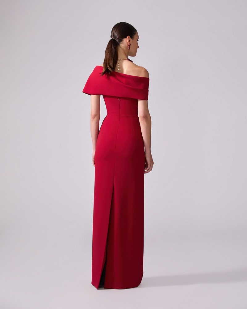 Carolina Herrera Draped Off Shoulder Column Gown Currant