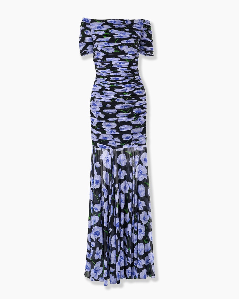 Floral-Print Chiffon Ruched Gown - Ready - To - Wear Floral-Print Chiffon Ruched Gown - Ready - To - Wear