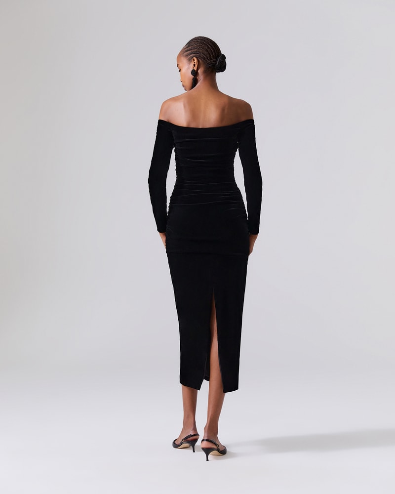 Off the shoulder ruched midi dress clearance
