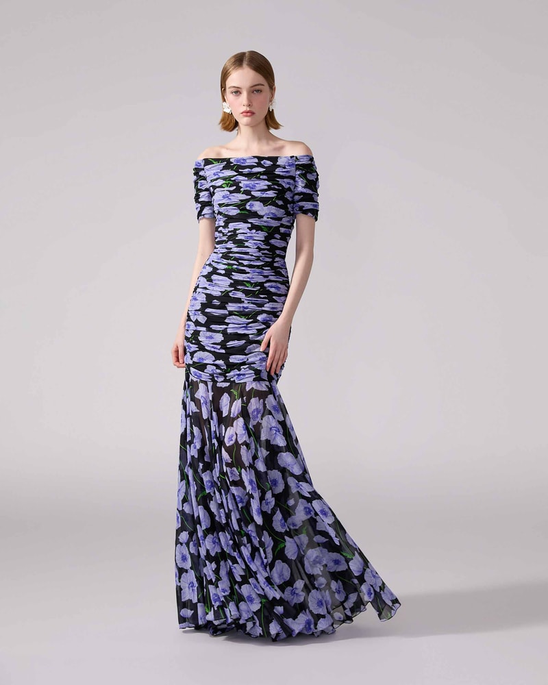Floral-Print Chiffon Ruched Gown - Ready - To - Wear Floral-Print Chiffon Ruched Gown - Ready - To - Wear