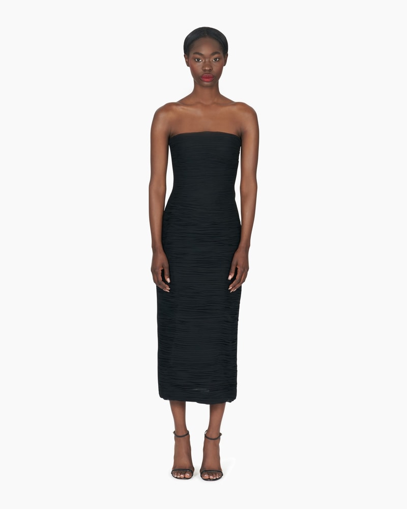 Black ruched midi dress best sale