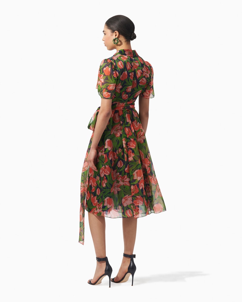 Carolina Herrera Tulip Print Silk Organza Belted Shirtdress Midnight Multi