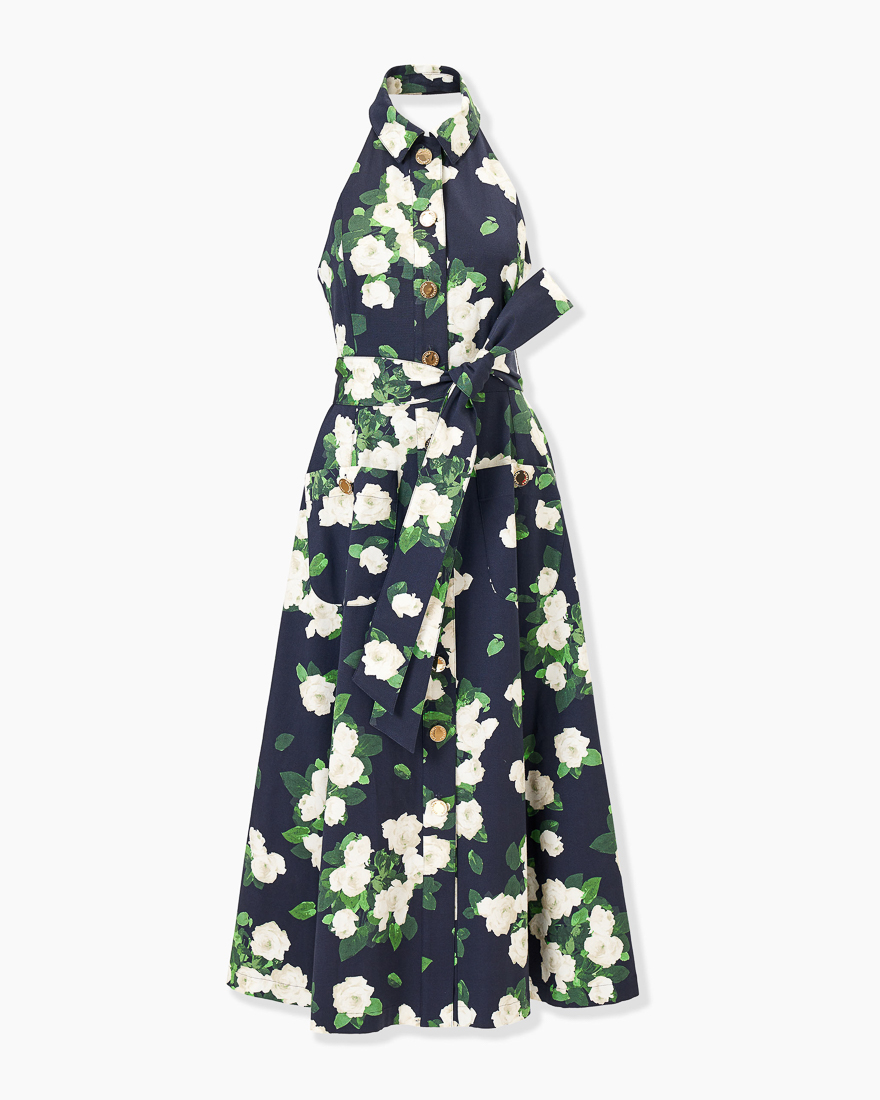 carolina herrera halter dress Floral Cotton Button-Front Midi Dress, Midnight M, Women's, 4 Midnight blue strapless maxi dress