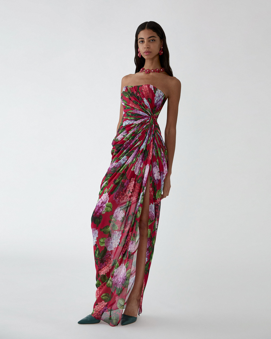 Hydrangea-Print Draped Chiffon Gown | Carolina Herrera BR
